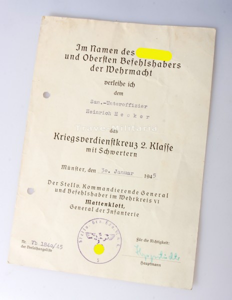 Urkunde Kriegsverdienstkreuz 2. Klasse mit Schwertern Hecker