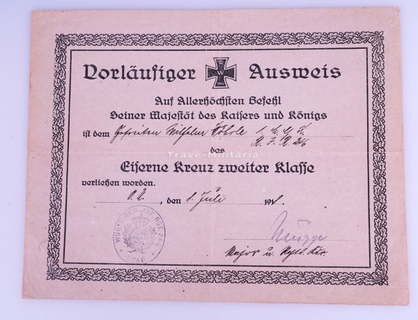 Vorläufiger Ausweis Eisernes Kreuz II. Klasse Vöhrl R.I.R.246