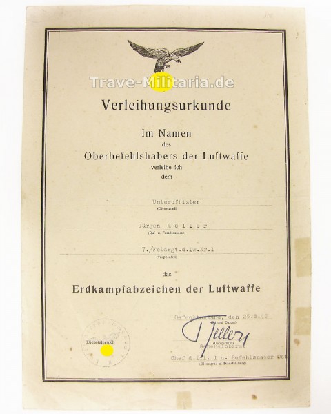 Urkunde für das Erdkampfabzeichen der LW Feldrgt.d.Lw.Nr.1