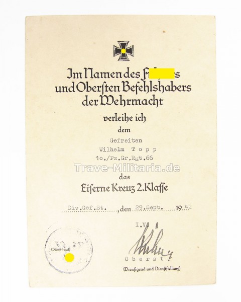 Urkunde Eisernes Kreuz 2. Klasse Panzergrenadier-Regt. 66