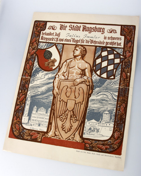 Urkunde Stiftung 1916 Nagel für die Wehrsäule Julius Timmler Augsburg