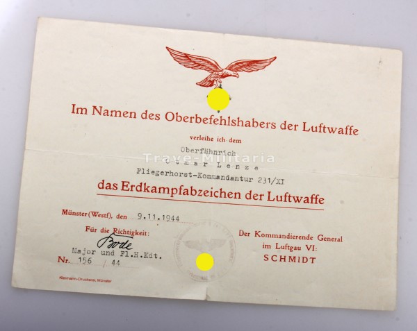 Urkunde Erdkampfabzeichen der Luftwaffe Oberfähnrich Lanze