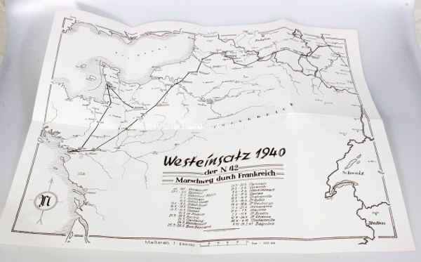 Karte ``Westeinsatz 1940 der N42´´ Marschweg durch Frankreich