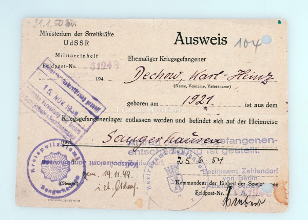 Ausweis ``Ehemaliger Kriegsgefangener´´ Karl-Heinz Dechow