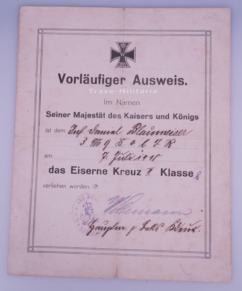 Vorläufiger Ausweis Eisernes Kreuz II. Klasse Blaumeiser K.B.4.I.R.