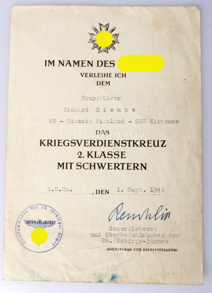 Urkunde Riemke Kriegsverdienstkreuz 2. Klasse mit Schwertern Organisation Todt