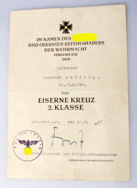 Urkunde Eisernes Kreuz 2. Klasse Ueffing G.R.240