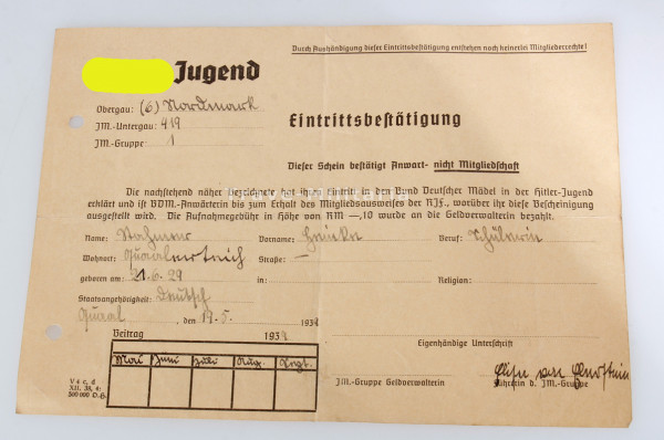 HJ-JM Eintrittsbestätigung Nordmark 419/1 1939