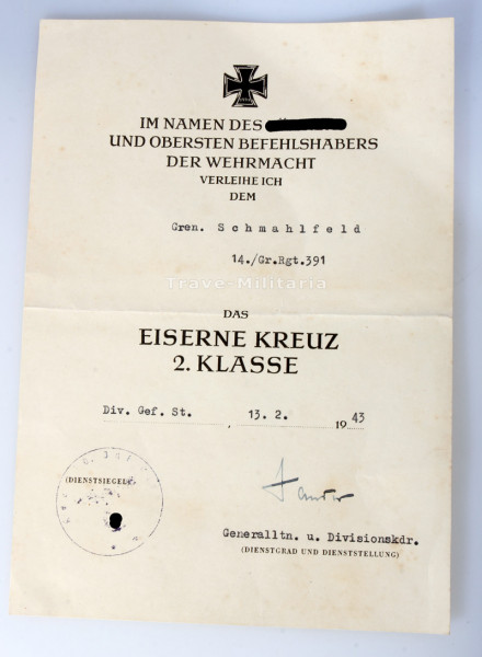 Urkunde Eisernes Kreuz 2. Klasse Schmahlfeld Gr. Rgt. 391