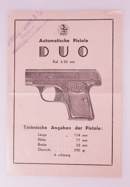 technisches Datenblatt Automatische Pistole DUO Kal. 6,35mm