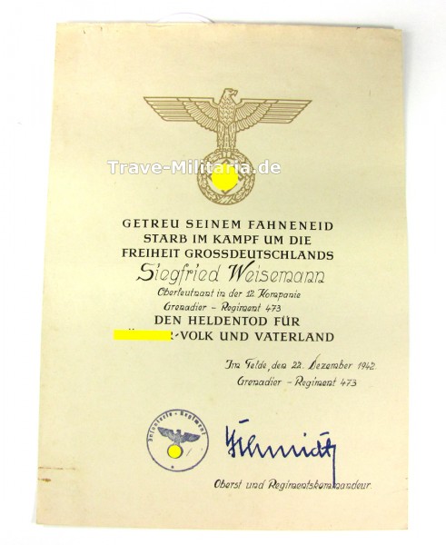 Heldentod-Urkunde für Oberleutnant Grenadier-Regiment 473