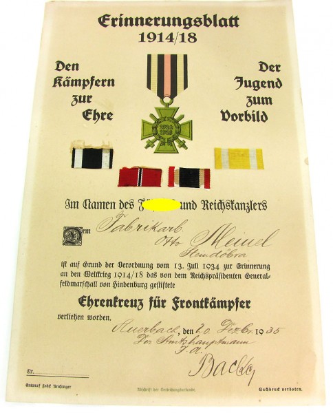 Erinnerungsblatt 1914 / 1918 mit Ordenbändern