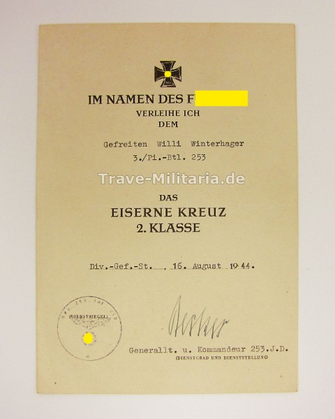 Urkunde Eisernes Kreuz 2. Klasse Pi-Btl. 253