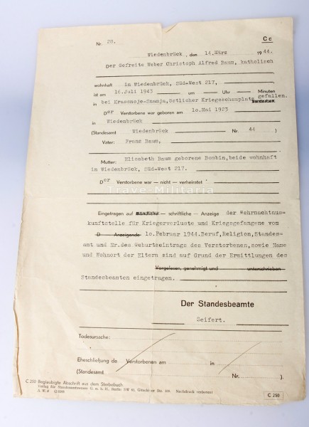 Sterbeurkunde für Gefreiten Christoph Alfred Baum gefallen 1943