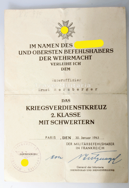 Urkunde Kriegsverdienstkreuz 2. Klasse mit Schwertern Herzberger