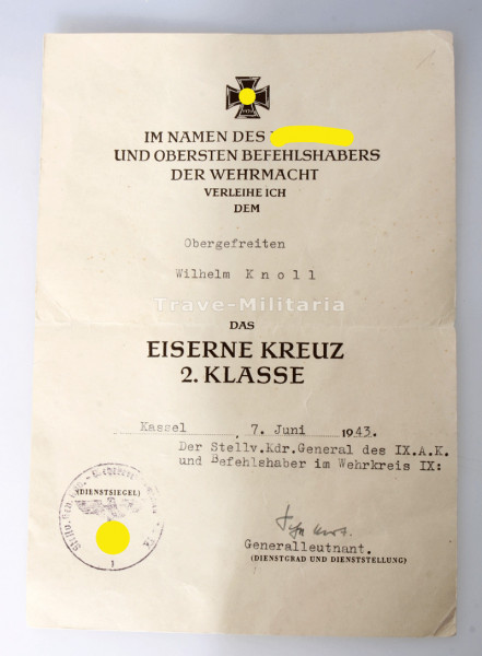 Urkunde Eisernes Kreuz 2. Klasse Knoll