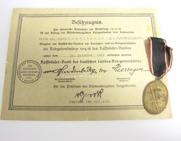 Kriegsdenkmünze 1914/18 des Kyffhäuserbundes und Urkunde.