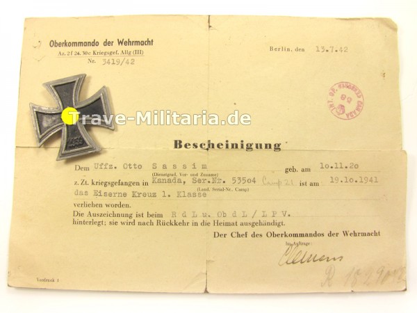 Eisernes Kreuz 1. Klasse Kriegsgefangenenanfertigung mit Bescheinigung des OKW