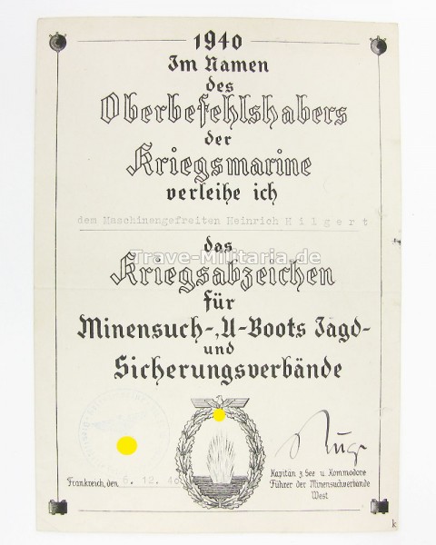 Urkunde zum Minensucherkriegsabzeichen 1940