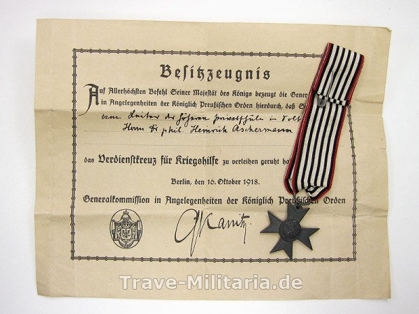 Besitzzeugnis und Verdienstkreuz für Kriegshilfe 1916