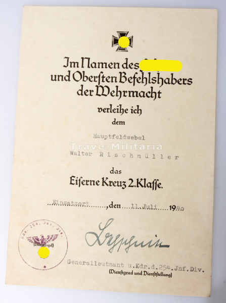 Urkunde Eisernes Kreuz 2. Klasse Rischmüller 254. Inf. Div.