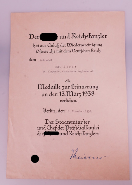 Urkunde Medaille zur Erinnerung an den 13. März 1938 Horst I.R. 42