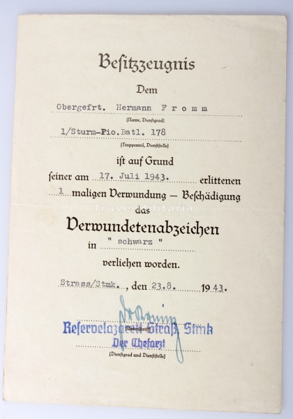 Besitzzeugnis Verwundetenabzeichen in Schwarz 1939 Sturm-Pio. Btl. 178