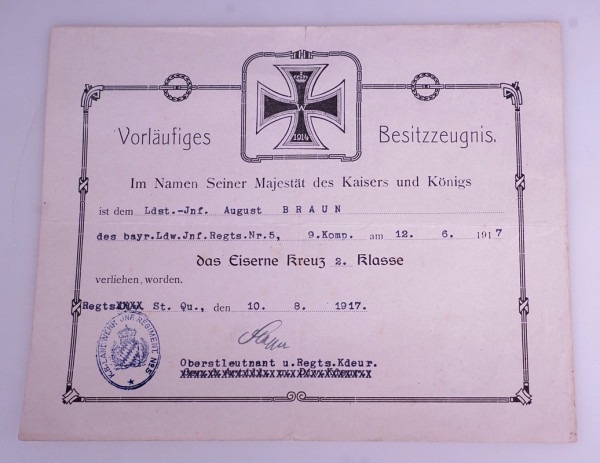 Vorläufiges Besitzzeugnis Eisernes Kreuz 2. Klasse Braun Bay. Ldw. Inf. Regt. Nr. 5