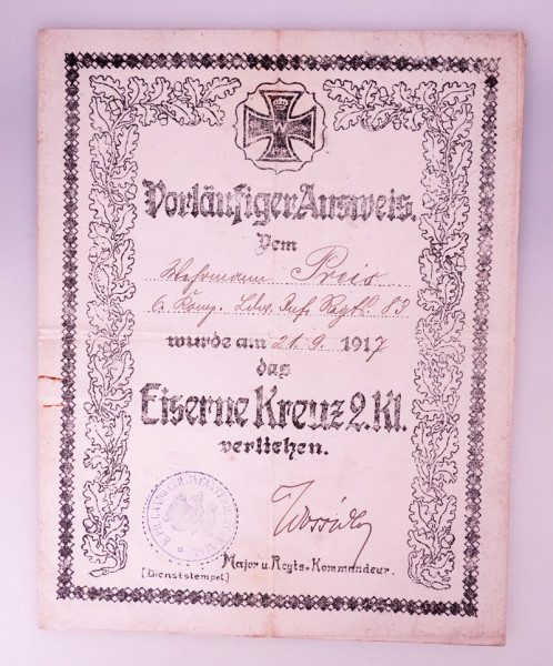 Vorläufiger Ausweis Preis Ldw.Inf.Rgt. 83 Eisernes Kreuz II. Klasse