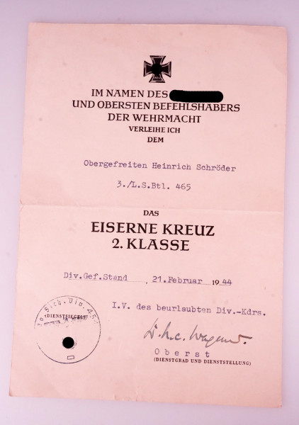 Urkunde Eisernes Kreuz 2. Klasse Schröder L.S.Btl. 465