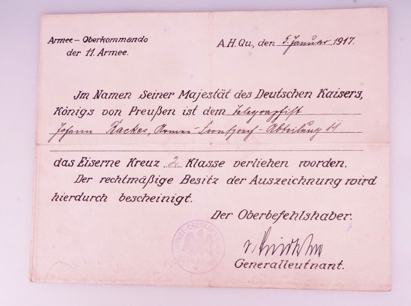 Urkunde Eisernes Kreuz 2. Klasse Armee- Fernsprech- Abteilung 11