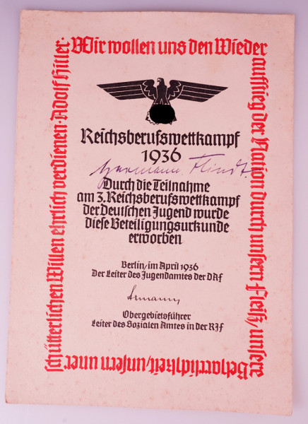 Reichsberufswettkampf 1936 Teilnahmeurkunde Hermann Flindt