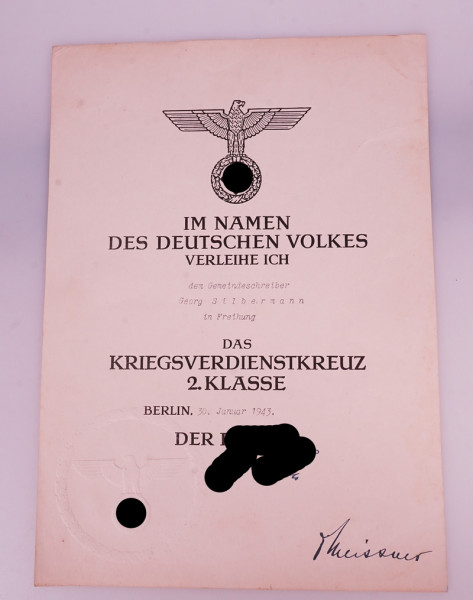 Urkunde Kriegsverdienstkreuz 2. Klasse Silbermann