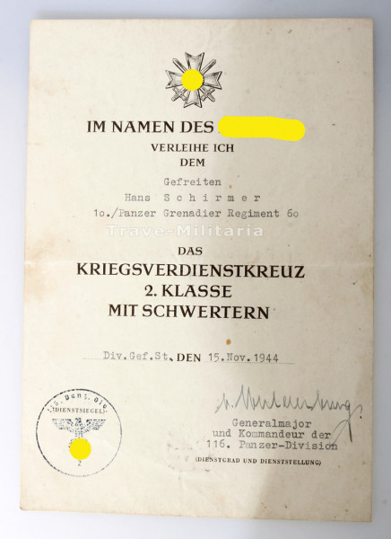 Urkunde Kriegsverdienstkreuz 2. Klasse mit Schwertern Schirmer Panzer-Gren. Rgt. 60