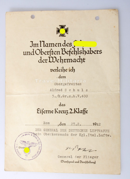 Urkunde Eisernes Kreuz 2. Klasse Schulz K.Gr.z.b.V. 400